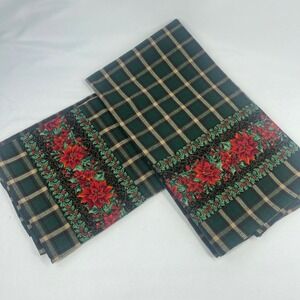 Indo Set of 2 Christmas Plaid Kitchen Towels Poinsettia Floral Green Red Gold